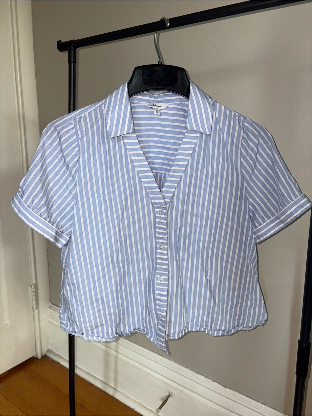Light Blue Stripe Button-Front Short Sleeve Top